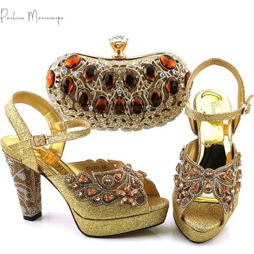 2021 African Newest Italian Design Nigerian Fashion Style Party Women Shoes and Bag Set Decorated With Rhinestone in Gold Color