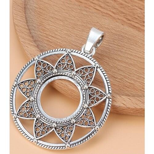 5pcs/Lot Silver Color Large Open Flower Round Charms Pendants Cabochon Settings 25mm for Necklace Jewelry Making Accessories