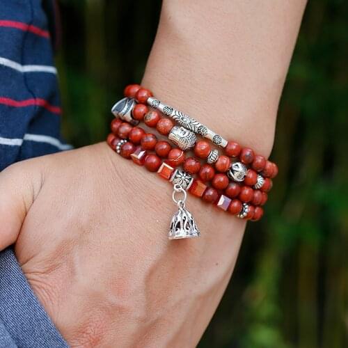 108 Mala Beads Natural Red Stone Beads Wrap Bracelet Crystal Yoga Necklace Meditation Rosary Lotus Alloy Charm Bracelets