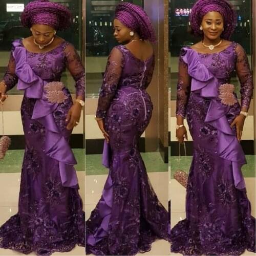Purple Aso Ebi Evening Dresses Long Sleeves Meramid Appliques With Ruffles Round Neck South African Style Long Formal Gowns