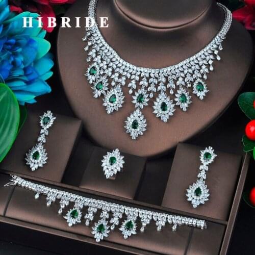 HIBRIDE Trendy Cubic Zirconia Women Weeding Jewelry Set Green Color Water Drop Wedding Accessories Fashion Jewelry Gifts N-721