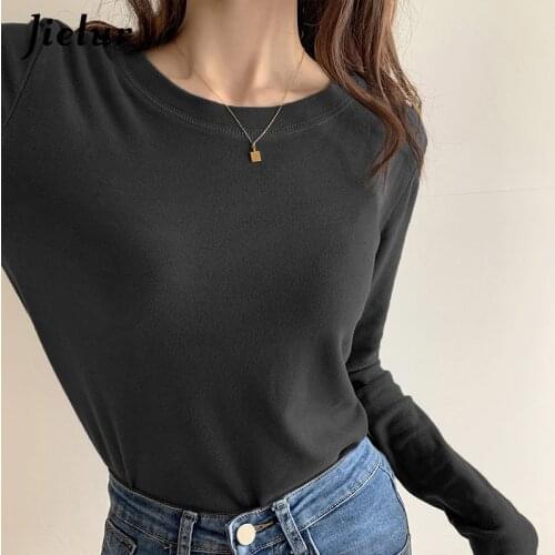 Jielur Simple Cotton T shirts Female Thick Korean White Black Top S-XXL Womens T-shirt Autumn Winter Bottoming Shirt 6 Colors