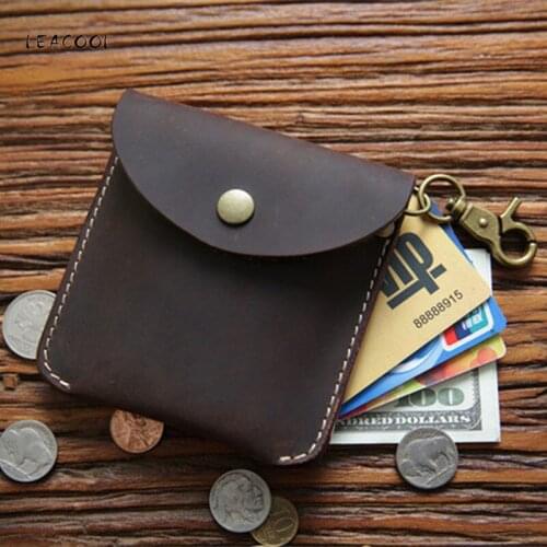 LEACOOL Genuine Leather Coin Purse Men Women Vintage Handmade Short Small Coin Pocket Case Card Holder Storage Money Bag Wallet