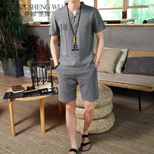 Summer Japanese Style Clothing Set Samurai Man Loose T-shirt Short Pants Breathable Chinese Suit Kimono Top Outfit Short Sleeve