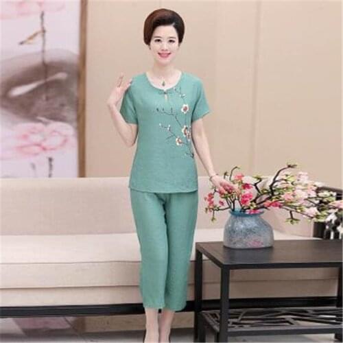 2018 New Large size Fashion Women suit Summer clothing Two-piece Woman set Casual Cotton and linen tops + Cropped pants 1377