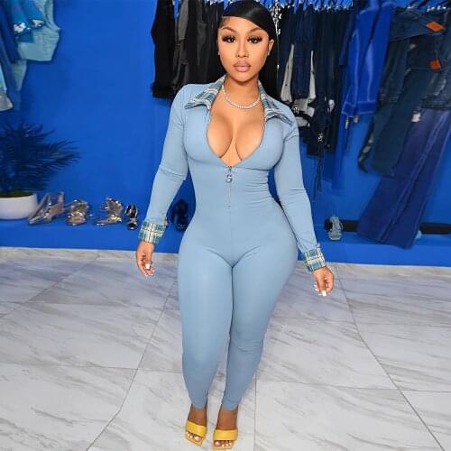 Solid Plaid Spliced Long Sleeve Skinny Jumpsuit Women Elastic Hight Outfit Hipster Fashion Fitness Sportswear Slim Romper Outfit