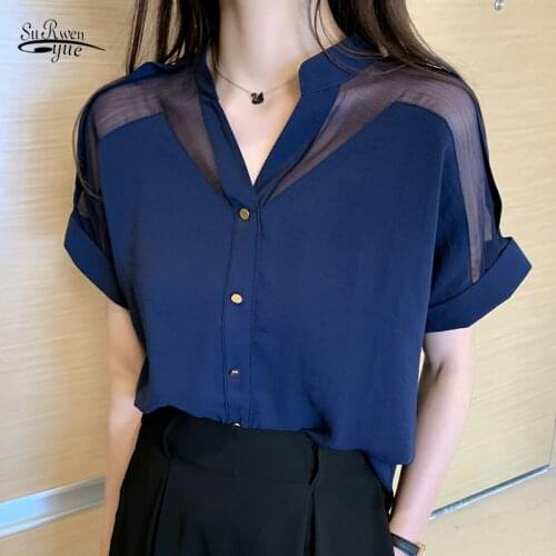 Solid Short Sleeve Mesh Tops Blusas Mujer De Moda Casual Women Clothing Office Lady Blouse Fashion New V-neck White Shirt 9635