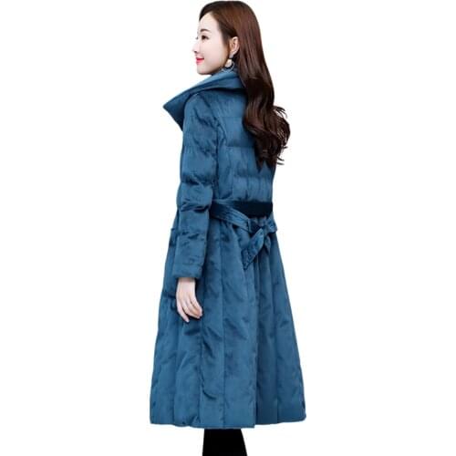 2019 New Women Parkers Cotton Clothes Long Korean Fashion Slim Thick Jacket Gold Velvet Jacket Winter Solid Color Bow Outerwear