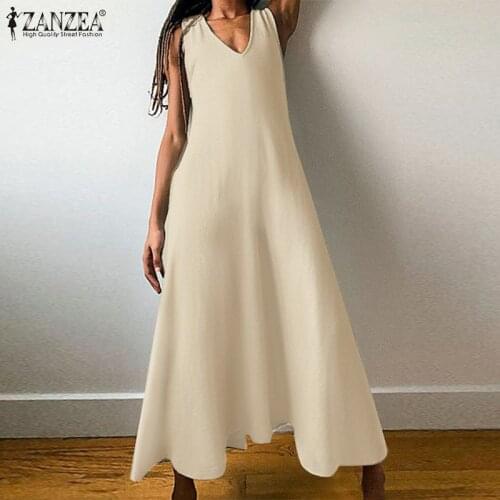 ZANZEA 2021 Fashion V Neck Maxi Dress Womens Summer Sundress Sleeveless Beach Vestidos Female Casual Backless Robe Oversized