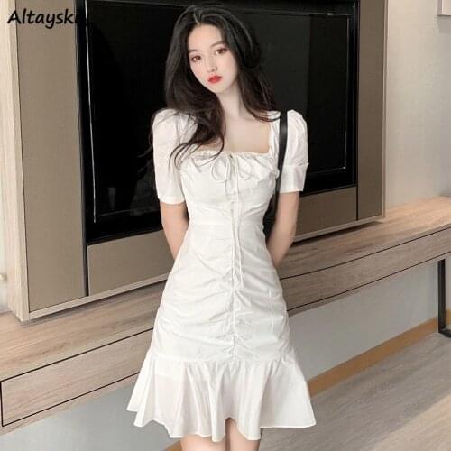 Dresses for Women White Temperament Fashion Korean Style Lace Up Elegant Above Knee Female Vestidos Sweet Summer Trendy Trumpet