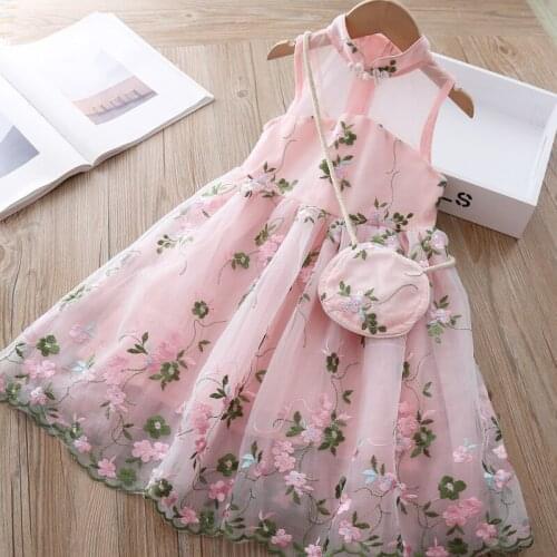 Girl Dresses Chinese Embroidery Flowers, Mesh Sleeveless Hanfu Dress with Bag Kids Dresses for Girls