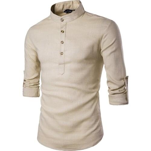 2022 Men Shirt Long Sleeve Mandarin Collar Shirts Solid Color Cotton Linen Shirt Men Traditional Chinese Style Shirt Male Camisa