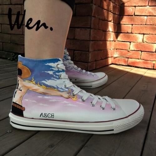 Wen Anime Customized Design Hand Painted Canvas Skate Shoes One Piece Portgas .D .Ace High Top Unisex Sneakers Non Slip Shoes