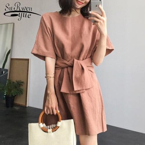 Vestidos 2021 Summer Dress Casual Loose Solid Cotton Short Sleeve Women Above Knee Dresses Pullover O Neck Women Dress 8791 50