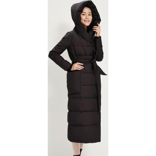 X-Long Women Down Coat Large Hood Down Coat Jacket H-Line Warm Winter Coat Jacket With Waist Belt