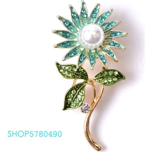 Elegant Jewelry Rhistone Sunflower Brooch for Women Painted Brooch Pearl Pin Blue Color Garments Ladies Daily Dress Accessories