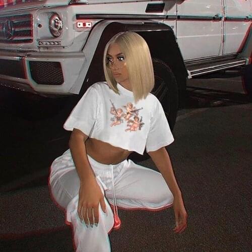 Angel Print Women Summer Short Sleeve Basic T-Shirts Cropped Tops Casual Loose Tee Tops Ladies Shirts feminina camiseta