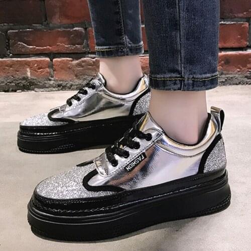 2019 autumn Brand Womens Platform Designer Sneakers Casual Gold Silver Sequin Sneaker Laser Walking Shoes Female Shoes C2-19