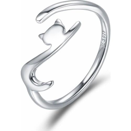 S925 Sterling Silver Wrap Around Cat Open Silver Ring Creative Personality Kitty Rings For Women Fashion accessories Adjustable