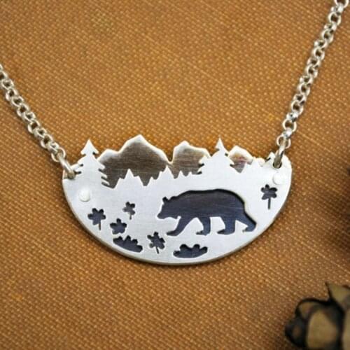 Forest necklace silver pine bear landscape pendant necklace ladies women line up Bohemia Jewelry