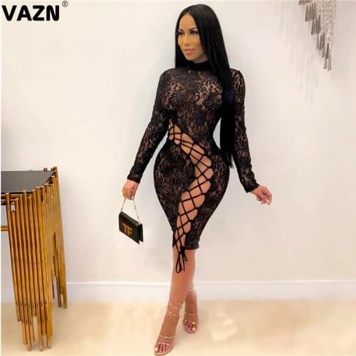 VAZN New Hollow Out High Neck Fashion Mujer Chic Ladies Slim Elegant Young Solid Mini Dress 2020 Full Sleeve Lady Dress