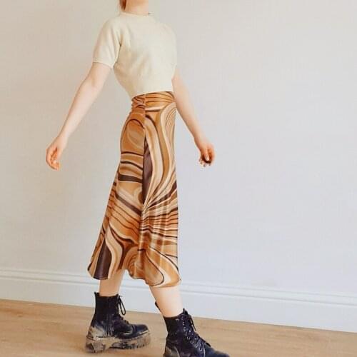 Satin Skirt Women A-Line Trendy Y2K Vintage Skirts Harajuku Knee-Length Casual High Waist Party Streetwear Print E-girl Skirts