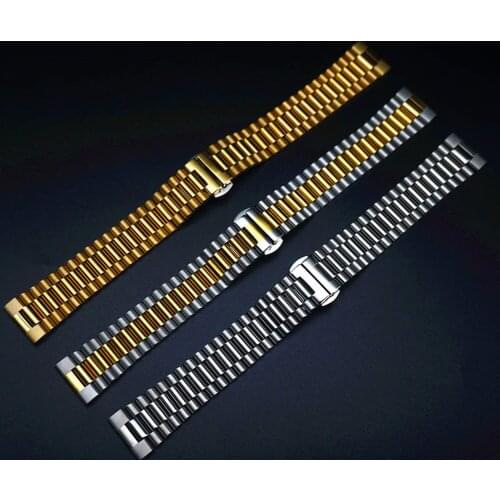 20mm Width 3 Beads Stainless Steel Watch Band with Curved End Push Button Hidden Clasp Wristwatch Replacement Watch Straps