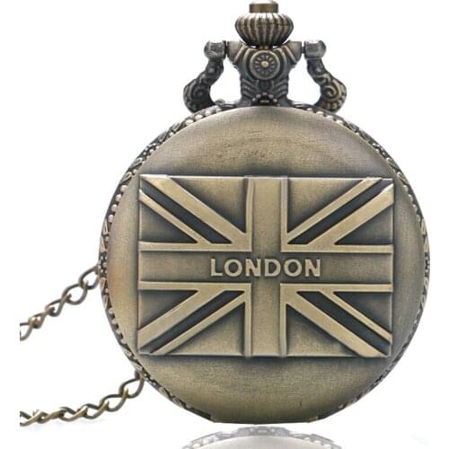 Bronze British Flag LONDON Pattern Vintage Pocket Watch Quartz Pocket Watch Chains and Fobs Watches Men Gifts Colar Masculino