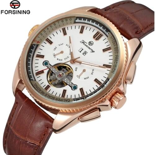 FORSINING Luxury Top Brand Men Automatic Mechanical Clock Men Black Leather Band Canlendar Tourbillon Skeleton Wrist Watches
