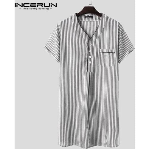 INCERUN Leisure Striped Homewear Men Cotton Sleepwear Summer Short Sleeve V Neck Nightgown Breathable Comfy Nightwear Plus Size