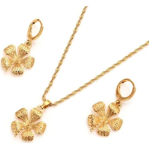 Ethiopian beautiful Gold vintage Flower Jewelry set for women Pendant Chain Earrings African Bride Wedding Bijoux gift girls
