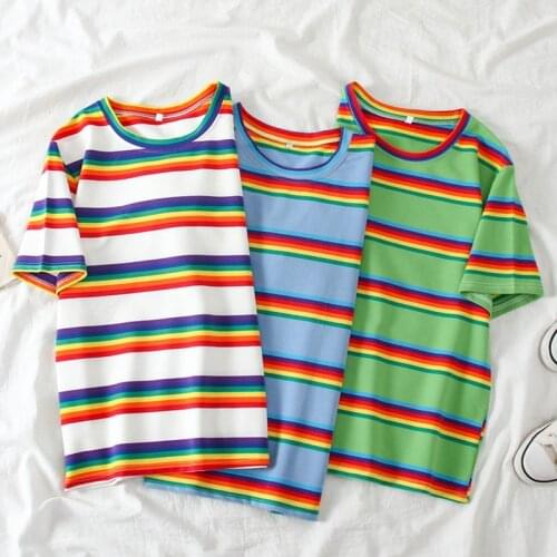 Summer Short Sleeve T-shirt Women Rainbow Striped T Shirt Harajuku T-shirt Female Tops