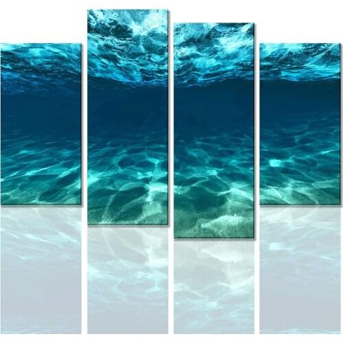 Blue Sea Canvas Wall Art, Ocean Wave Print Artwork 4 Panels Seaview Bottom View Beneath Surface Picture Painting Drop shipping
