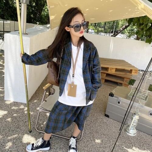Girls' Checkered Suit 2021 Fall New Girl Loose Chic Jacket Half-length Skirt Two-piece Set