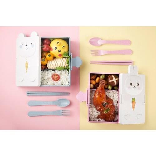Natural Wheat Straw Cartoon Bear Rabbit Lunch Box for Kids Children Students Comes with Baby Tableware Fork Spoon Chopsticks