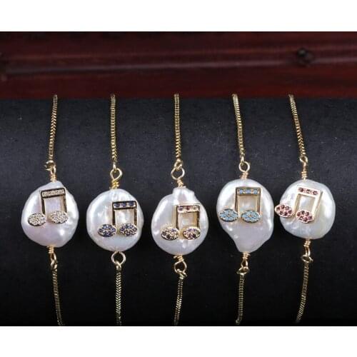 Multi colors cz beads pave musical note charm natural freshwater pearl bead link bracelet for women wedding birthday gift