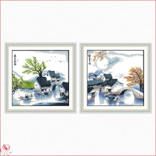 Joy Sunday Jiangnan Scenery Printed Cross Stitch Kit DIY Spring Pattern Embroidery Set 14CT 11CT Needlework Sewing Kit Home Deco