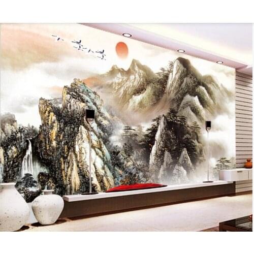 Custom mural 3d wall mural on the wall Chinese ink painting mountain sunrise home decor photo wallpaper in the living room