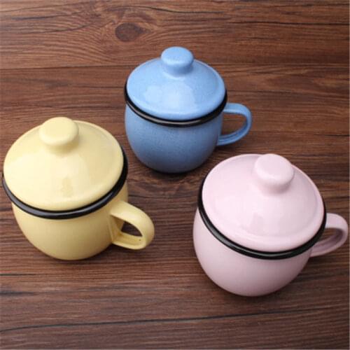 Extra thick double-material enamel childrens cup cute fat tea cup color enamel mouth cup cow cup coffee mug with lid