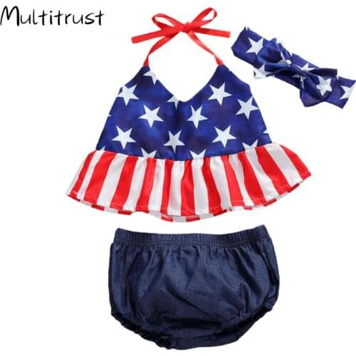 4th of July Baby Girl Clothes Outfits Summer Kids Girl 3Pcs Halter Camis+Shorts+Bow Headband Child Girl Clothes Sets 1-5Years