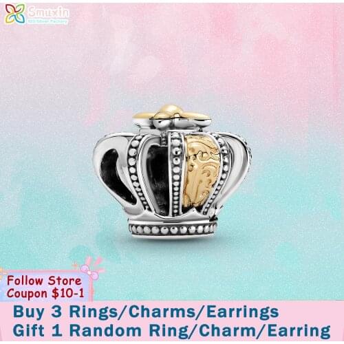 Smuxin 925 Sterling Silver Two-tone Regal Crown Charm fit Original Pandora Bracelets for Women DIY Jewelry