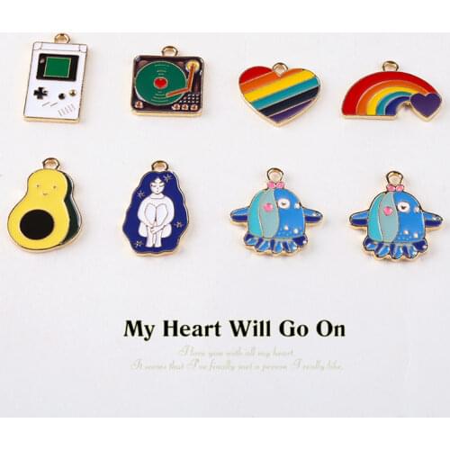 Kawaii Enamel Alloy Charms 40pcs/Lot Gold Tone Plated Drip Oil Rainbow Heart Rocket Radio CD Metal Bracelet Necklace Pendants