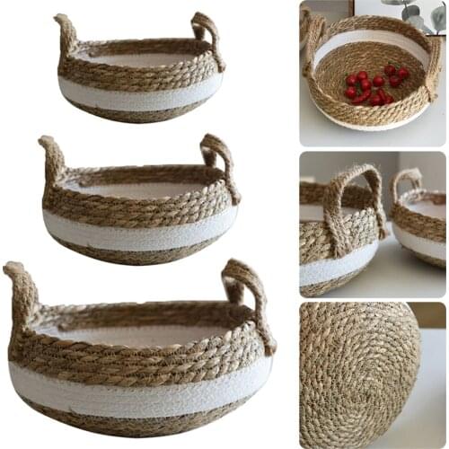 Rattan Handwoven Round Severing Tray Food Storage Platters Plate with Handles Holder for Drink Snack Sundries