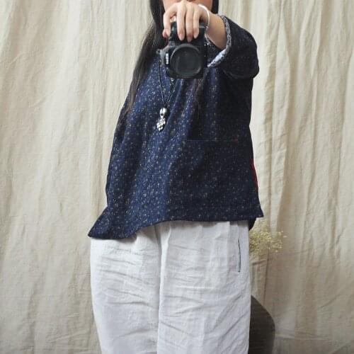 Women Loose Cute Cotton Linen Floral Shirt tops Ladies Vintage Flower Cotton Flax Blouse Shirt Pockets Shirts 2018 Autumn Spring