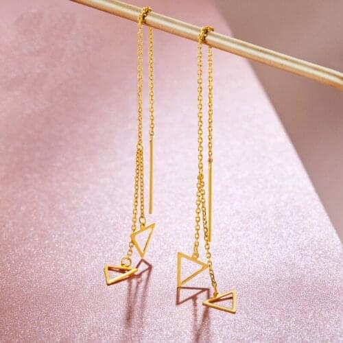 New Arrival 24K Yellow Gold Earrings Women Triangle Long Link Dangle Earrings