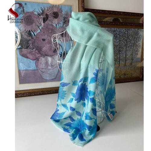 NEPALESE HAND PRINTED Muffler100% MARINO WOOL SCARF SHALW SOFT & WARM THIN FACTORY DIRECT Blue Flora