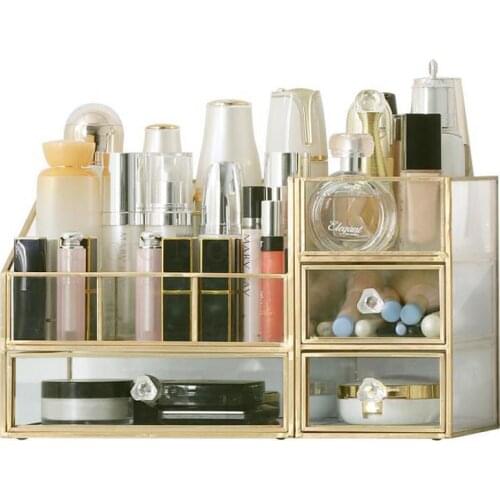 Nordic Ins Brass Glass Cosmetics Receipt Box Transparent New Light Luxury Dressing Table Finishing Large Capacity