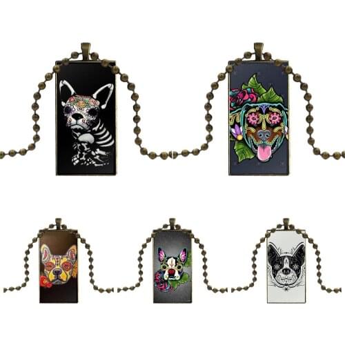 Glass Cabochon Pendant Necklace Rectangle Fashion Necklace For Women Gift Boston Terrier Day Of The Dead Sugar Skull Dog