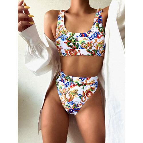 Traditional Chinese pattern Female Swimsuit High Waist Bikini Women Swimwear Two-pieces Bikini set Bather Bathing Suit Swim