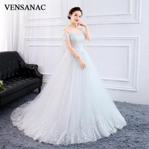VENSANAC Illusion Boat Neck Lace Appliques Ball Gown Wedding Dresses 2019 Short Sleeve Sweep Train Backless Bridal Gowns